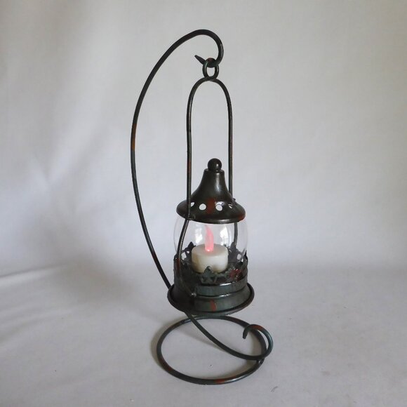 NEW 13.75” HANGING METAL & GLASS LANTERN TEA LIGHT CANDLE HOLDER STAND ODDITY - Picture 1 of 13